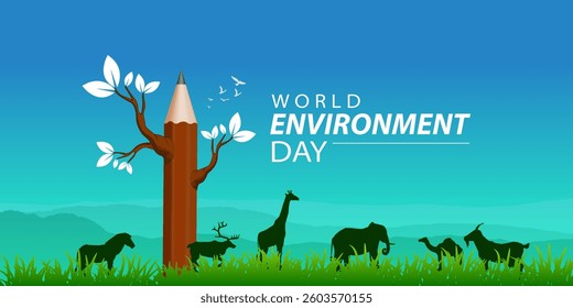 World Environment Day with Animals, Trees and Pencil Illustration