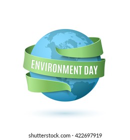 World Environment day, background with blue globe and green ribbon around, isolated on white background. Vector illustration.
