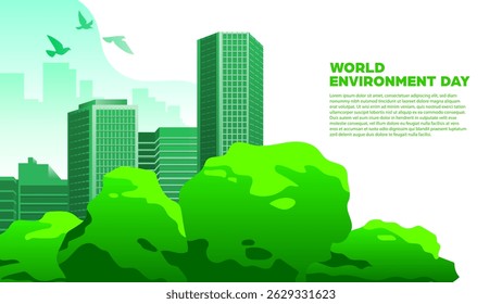 World Environment Day Background - Building green cityscape and tress, perfect for environmental campaigns, posters, educational content, social media visuals and web banner 