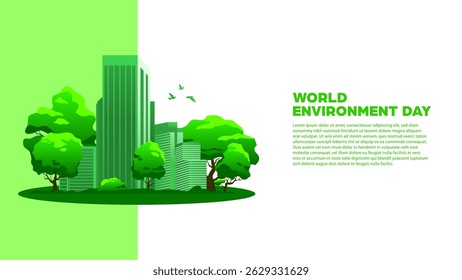 Fundo do Dia Mundial do Meio Ambiente - Construindo paisagem urbana verde, perfeito para campanhas ambientais, cartazes, conteúdo educacional, visuais de mídia social e banner da web 