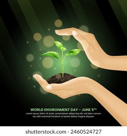 World Environment Day background with hands holding a plant