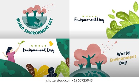 Vector de ilustraciones de fondo del Día Mundial del Medio Ambiente. Banner web y volante en línea del Día Mundial del Medio Ambiente.