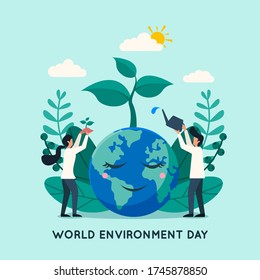 World environment day background with people water and plant a tree on earth. Flat style vector illustration concept of go green, earth day for poster and banner