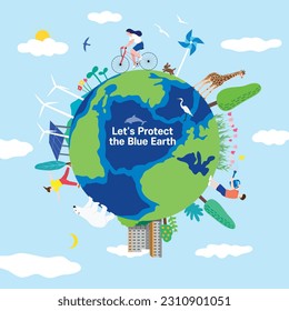 World Environment Day background with people caring for the earth, animals and plants centered around the blue earth