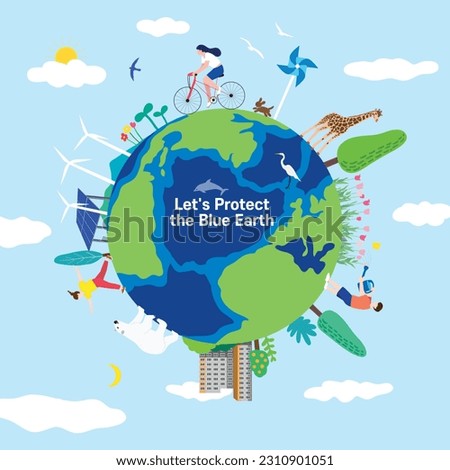 World Environment Day background with people caring for the earth, animals and plants centered around the blue earth