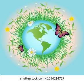 World environment day background poster- Earth planet globe surrounded by nature