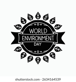 World Environment Day Badge Vector with Leaves and Ribbon – Eco Celebration Emblem