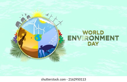 World Environment Day Banner Abstract Art. June 5. Cream Paper Texture Background. Wind Mill, Clean Energy, Safari, And Ocean In Gold Ring Frame. Vector Illustration. EPS 10. Earth.