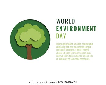 world environment day banner design layout with paper cut colorful symbol of tree and text. vector illustration for greeting cards, posters, invitations, brochures