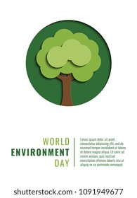 world environment day banner design layout with paper cut colorful symbol of tree and text. vector illustration for greeting cards, posters, invitations, brochures