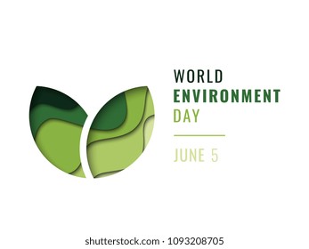 world environment day banner design layout with paper cut colorful symbol of two leaves and text. vector illustration for greeting cards, posters, invitations, brochures