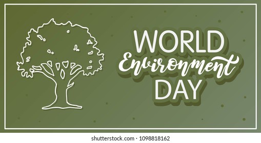 World Environment Day banner with frame. Hand sketched lettering and outline tree. Isolated on light green background.  Vector illustration