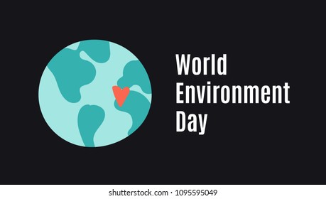 World environment day banner. Hand drawn cute earth with small heart on black background. Template for saving the planet poster. Illustration of globe in the space. 