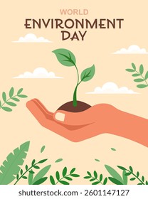 World Environment Day banner. Hand holding a growing plant symbolizing environmental protection. Illustration.