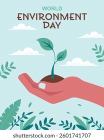 World Environment Day banner. Hand holding a growing plant symbolizing environmental protection.
