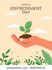 World Environment Day banner. Hand holding a growing plant, environmental protection. Flat style illustration.	