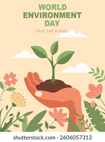 World Environment Day banner. Hand with a growing plant, environmental protection. Flat style