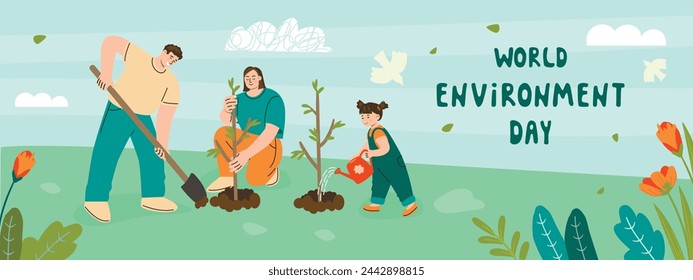 World Environment Day banner with happy family planting trees.Mom, dad and daughter are landscaping the park.Vector design with modern people , plants,birds and clouds.Spring summer flat illustration.