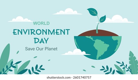 World Environment Day banner. Planet with a growing plant symbolizing environmental protection. Illustration.