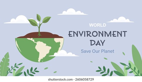 World Environment Day banner. Planet with a growing plant, environmental protection. Illustration.