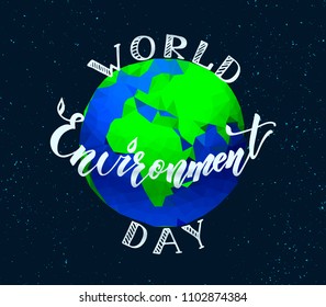 World Environment Day banner or poster lettering design with low-poly globe.