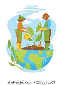 Weltumwelttag-Banner.  retten den Planeten, Illustrationen mit Menschen, die sich um die Erde kümmern. Vektorgrafik.