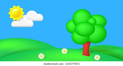 Weltumwelttag-Banner. Sommerlandschaft mit grünen Hügeln, Regenbogen, 3D-Sonne, weißen Wolken und Baum