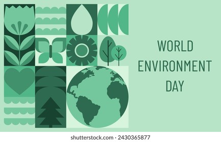 World Environment Day banner template. Earth globe, trees, flowers, leaves and butterfly in flat minimalist style. Vector illustration