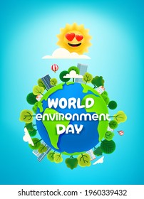 World Environment Day Banner With Trees On The Earth. Cartoon Style 3d Vertical Banner