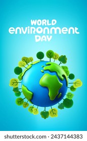 World environment day banner with trees on the Earth. 3d vector illustration