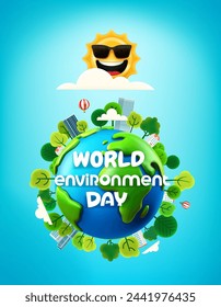 World environment day banner with trees on the Earth. Cartoon style 3d vertical banner