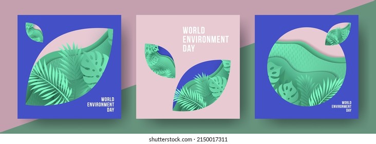 World Environment Day banners or cards set in minimalist design with paper cut tropical leaves and plants, grass, ocean or river in green, blue and pink colors. Ecology concept of protecting nature