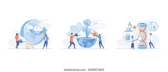 World Environment Day, Bio Technology, green planet, globe with trees growing on it, Biotechnology or bio tech DNA research, set flat vector modern illustration