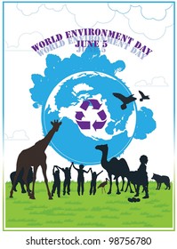 World Environment Day - black animals and people with beautiful blue ECO EARTH on white background : vector illustration
