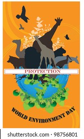 Día Mundial del Medio Ambiente - animales negros en la hermosa Tierra azul ECO con fondo naranja : ilustración vectorial