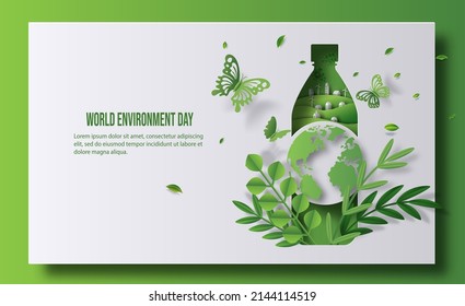 World Environment Day, A Bottle Of Water With A Green City Inside, Save The Planet And Energy Concept, Paper Illustration, And 3d Paper.