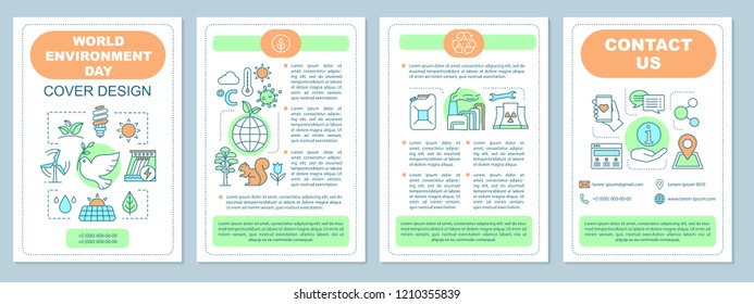 World environment day brochure template layout. Nature protection. Environmental issues. Flyer, leaflet print design with linear icons. Vector page layouts for magazines, reports, advertising posters
