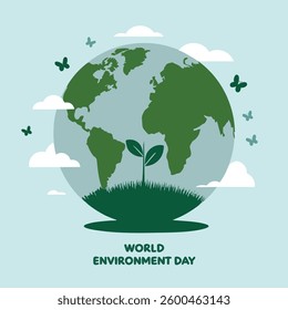 World Environment Day A captivating illustration highlights our planet with a sprouting plant, encircled by butterflies and clouds.