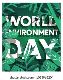 World Environment Day card or background with tree and leaves. Vector illustration. Earth day concept and ecology idea