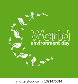 World Environment Day card or background with white leaves from tree on green background. Vector illustration with space for text. Poster, card, label, banner design.