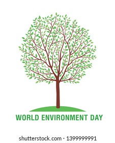 World Environment Day card or background with summer green tree. Vector illustration.