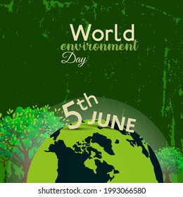 World Environment Day card or background with tree and leaves. Vector illustration