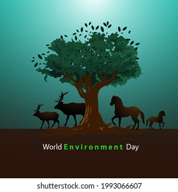 World Environment Day card or background with tree and leaves. Vector illustration