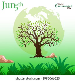 World Environment Day card or background with tree and leaves. Vector illustration
