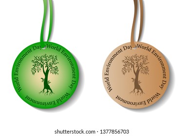 World Environment Day card. Illustration of round tags with a tree and title. Vector illustration