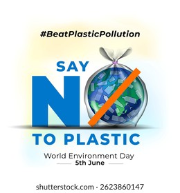 Celebração do Dia Mundial do Meio Ambiente. Globo planeta Terra com conceito #beatplasticpollution.