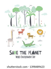 World Environment Day. Childish vector hand draw illustration for Earth day in scandinavian style