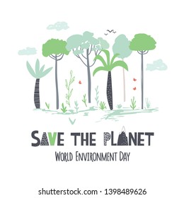 World Environment Day. Childish vector hand draw illustration for Earth day in scandinavian style