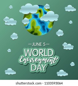 World Environment Day concept. 3d paper cut design.  Paper carving Earth map shapes with clouds. Isolated on light green background. Hand sketched text.  Vector illustration. June 5