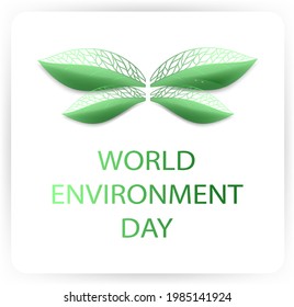 World Environment Day concept. 3D image of a dragonfly. Ecology. Nature. Dew drops on a leaf. Green leaf, eco-friendly design. Vector illustration. Suitable for specialized posters.